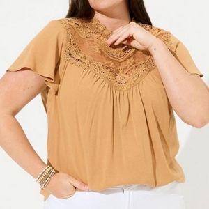 Torrid plus lace yoke flutter sleeves gauze top, 5XL, beige